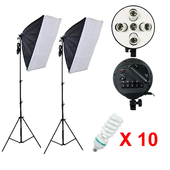 Softbox szett 2db 60x90 softbox 5 foglalattal, 10db 65W spirálizzó, 2db 230cm állvány