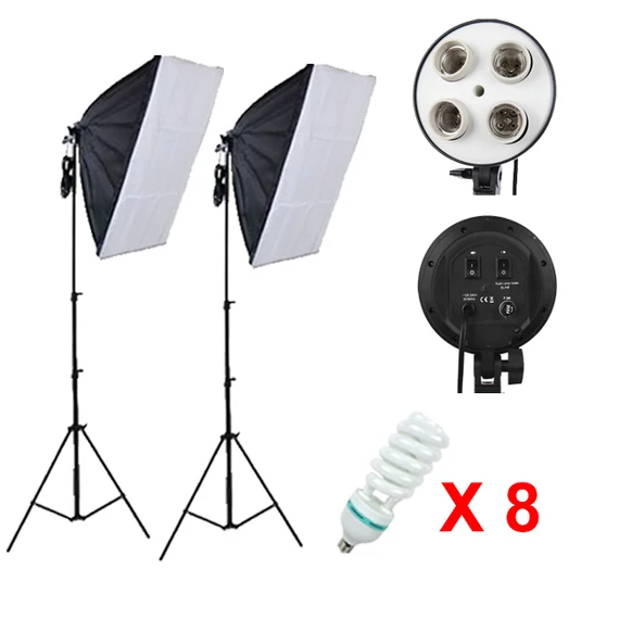Softbox szett 2db 50x70 softbox 4 foglalattal, 8db 85W spirálizzó, 2db 230cm állvány
